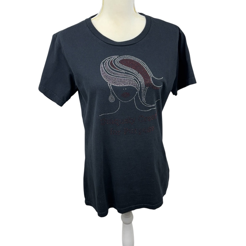 Black graphic women’s t-shirt, size Large, outdoors, sequins, summer, vacation